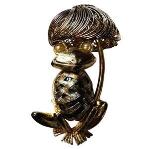 Vintage Wire‑Wrapped Frog Brooch with Green Gemstone Belly & Pearl Eyes